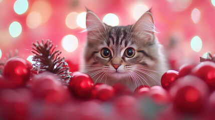 playful cat surrounded by shiny red ornaments and pine cones creates festive atmosphere. soft bokeh of lights in background adds warm, cheerful touch to scene