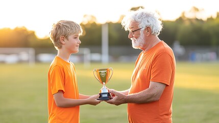 Celebrating achievement a young athlete receives a trophy from a mentor on the soccer field at sunset