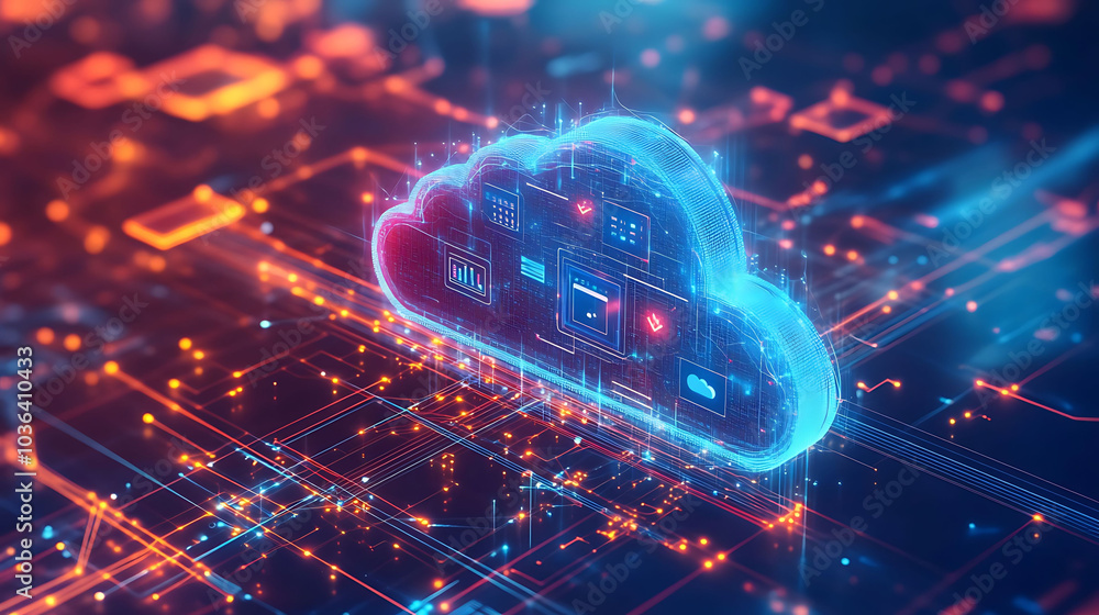 Aufkleber a glowing cloud computing icon hovers over a circuit board, representing the vast network of data st