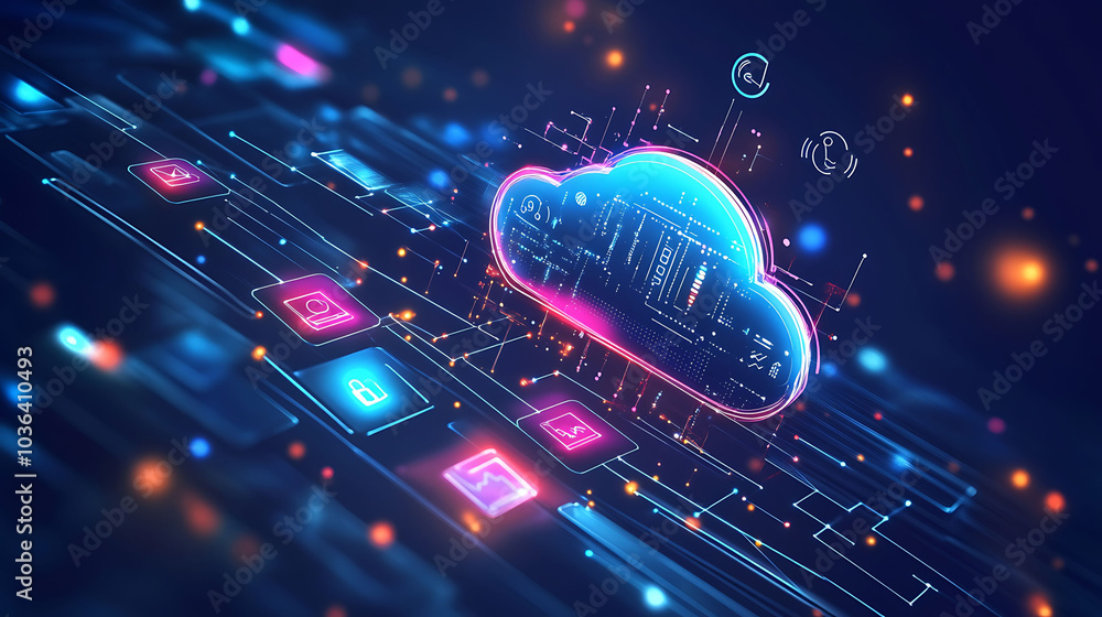 Aufkleber a glowing cloud computing symbol with digital icons floating above a network of lines and glowing sq