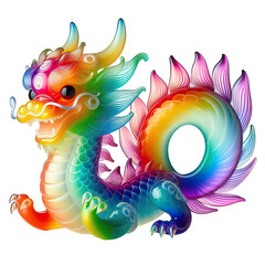 Fototapeta premium A glass sculpture of a beautiful chinese cute dragon, gradient of rainbow colors isolated on white background PNG