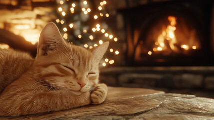 cozy orange cat peacefully sleeps by warm fireplace, surrounded by twinkling holiday lights. serene atmosphere evokes sense of comfort and tranquility