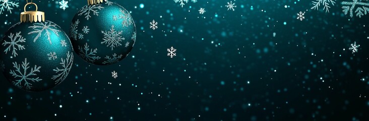 A dark teal background with hanging snowflakes and two large, matte-finish Christmas ornaments on the left side of the banner.