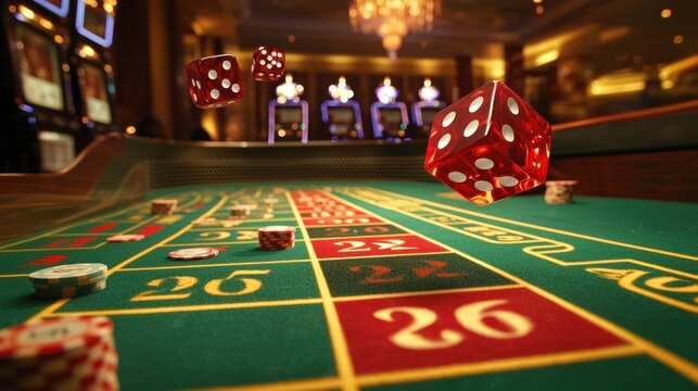 A casino table with dice being thrown during a game of craps, emphasizing risk and chance