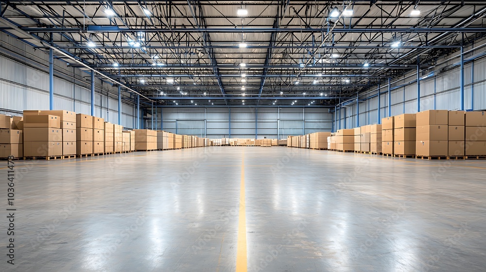 Poster spacious warehouse with rows of cardboard boxes ready for distribution and storage in an organized i