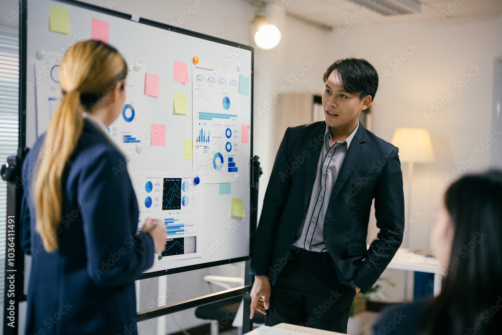 Poster Business people discussing and brainstorming new project plans during a meeting in the office with charts and graphs on a whiteboard