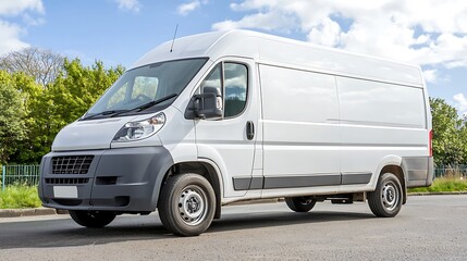 Fototapeta premium Sleek white delivery van parked on the street surrounded by lush green trees under a clear blue sky