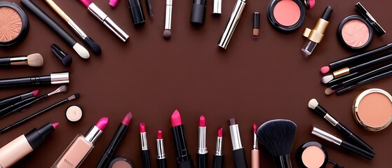 Beauty salon banner design template. Makeup cosmetic products on brown background. Top view with copy space