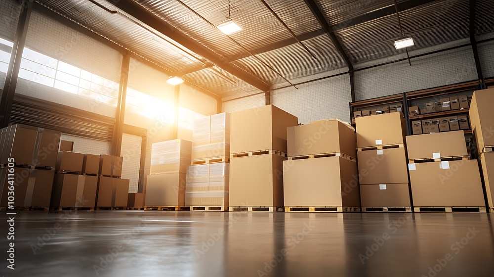 Aufkleber efficient warehouse storage solutions optimizing space with stacked cardboard boxes in a modern indu