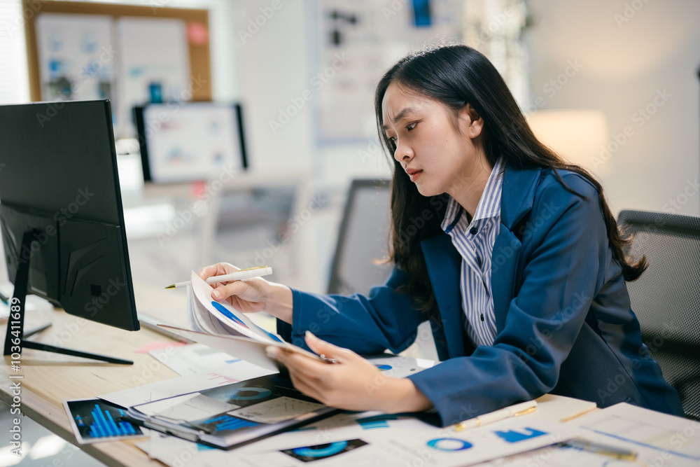 Aufkleber businesswoman is analyzing financial charts at her desk, trying to understand why sales are down. sh
