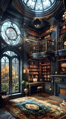 Obraz premium Grand Library Interior with Ornate Details and Sunlit Window