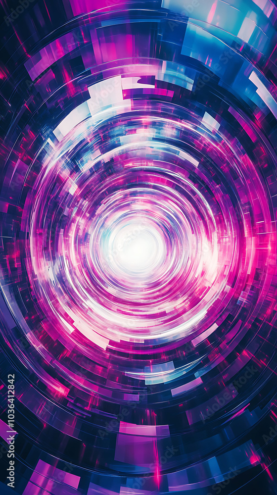 Poster abstract circular pattern with pink and blue hues, creating a sense of movement and energy.