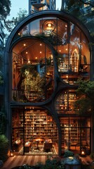 Obraz premium Modern Library with Glass Walls and a Spiral Staircase