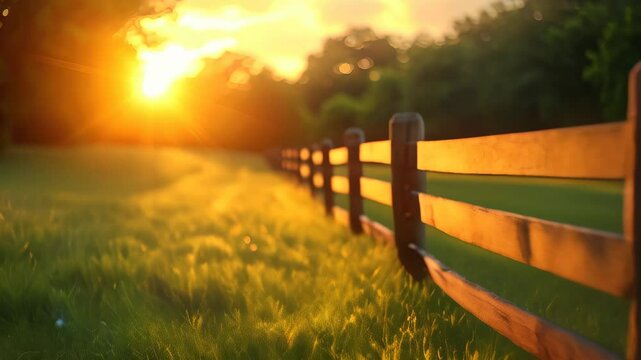 Golden sunset over a wooden fence along a grassy field in serene countryside