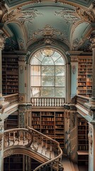 Obraz premium Grand Library Interior with Ornate Architecture and Bookshelves