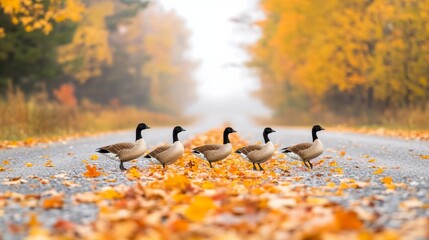 Geese Walking on a Scenic Autumn Road