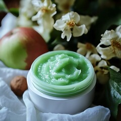 Close-up of Green Cream Jar with Floral Background.