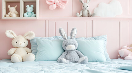 A pastel-colored children's bedroom with soft pink walls, light blue bedding, and stuffed animals, creating a calm and playful space --chaos