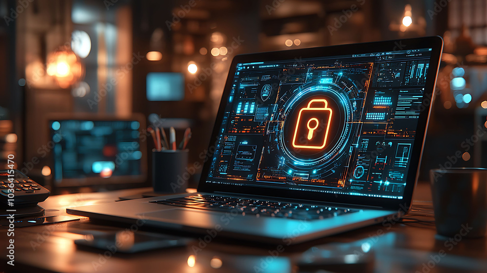 Poster a laptop with a glowing padlock icon on the screen, representing cybersecurity and data protection.