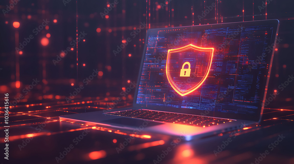 Poster a glowing shield with a padlock symbol displayed on a laptop screen with a digital backdrop.