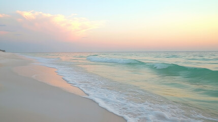 Obraz premium A pastel-colored sunset at the beach, with soft pink and light blue hues in the sky reflecting off calm waters, creating a peaceful moment --chaos