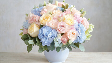 A pastel-themed wedding bouquet with soft pink, blue, and yellow flowers, creating a gentle and romantic arrangement --chaos