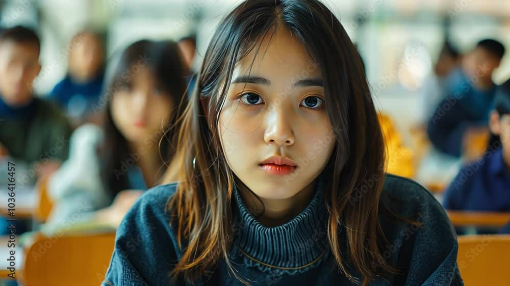 Aufkleber a student sits attentively at her desk in a classroom, surrounded by peers. she appears deep in thou