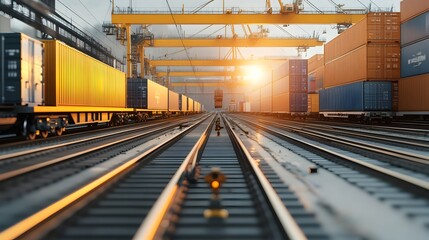 Obraz premium Cargo Containers and Locomotives in Modern Logistics Facility