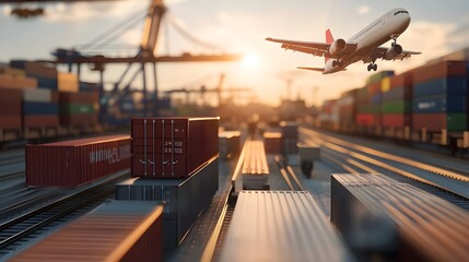 Aerial View of Cargo Shipment and Transportation at Sunset