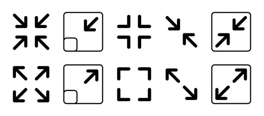 Minimize and maximize icon set icon rally compact size icon small large scale arrow. Full screen, expand, reduce, small screen. Shrink enlarge icons resize in arrows. Vector illustration