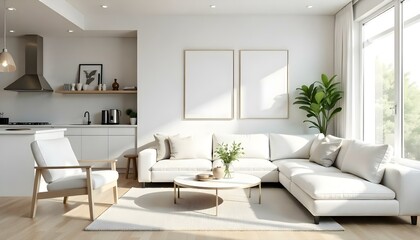 Poster frame mock up in modern home living room interior with white sofa and coffee table with decor, 3d render