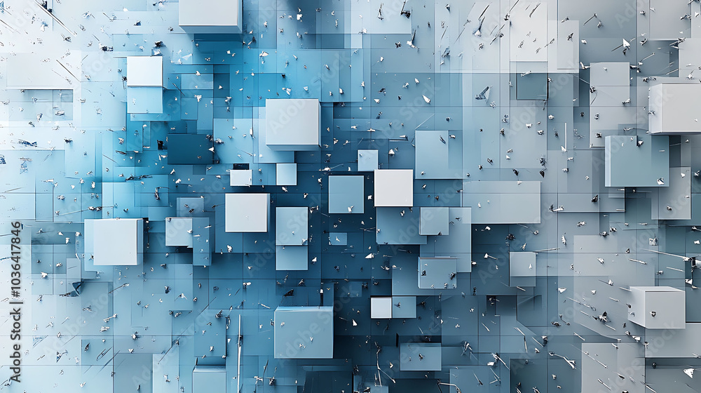 Poster abstract 3d background with blue and white cubes, forming a chaotic and dynamic pattern.