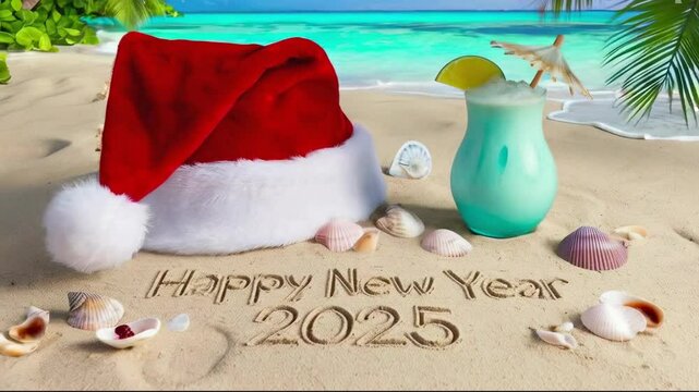 anta hat and cocktail animation on white sand beach with seashells, palm trees, ocean, and "Happy New Year 2025" message.