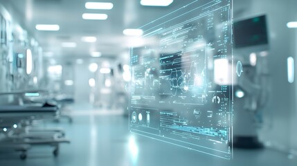 Fototapeta premium Futuristic digital interface with holographic data projection technology and intelligence Innovative high tech concept of advanced information system and cyber network
