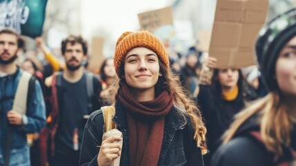Obraz premium A group of activists marching in a city protest for environmental sustainability, Advocacy scene, Documentary style