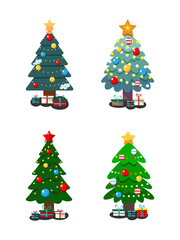 Flat Vector Christmas Tree with Colorful Lights Ornaments and candy with snowman and gift box