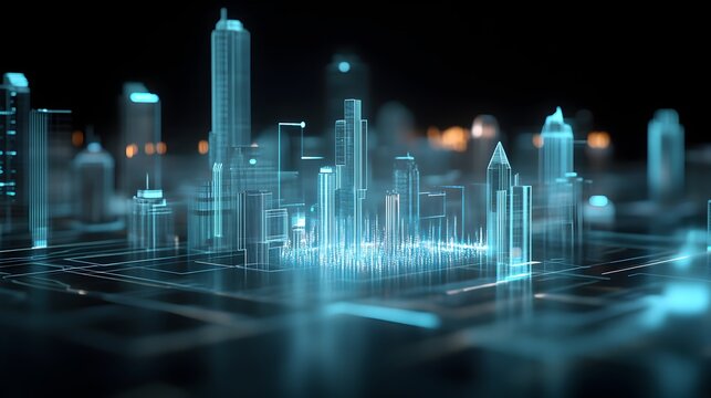 Glowing Futuristic Cityscape Skyline at Nighttime with Tall Illuminated Skyscrapers and Neon Lights in an Abstract Digital Landscape