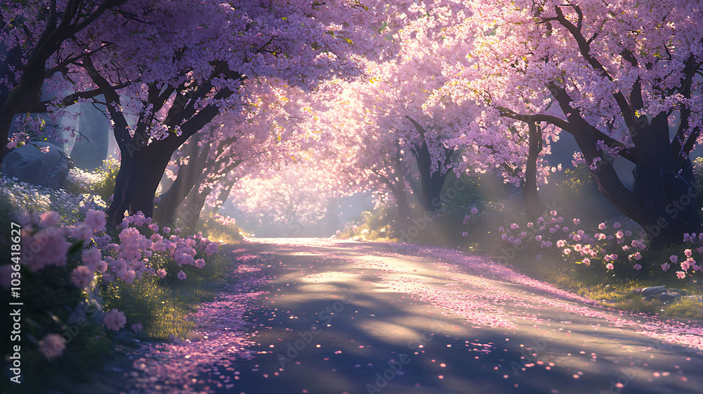 Poster a path lined with blooming cherry trees leads through a forest, bathed in soft sunlight, creating a 