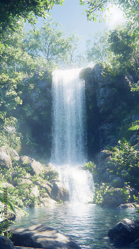 Poster a cascading waterfall plunges into a serene pool, surrounded by lush greenery and sunlight filtering