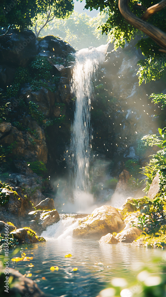 Poster tranquil waterfall cascading down a rocky cliff, sunlight filtering through the lush foliage creatin