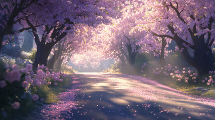 A path lined with blooming cherry trees leads through a forest, bathed in soft sunlight, creating a magical and enchanting scene.