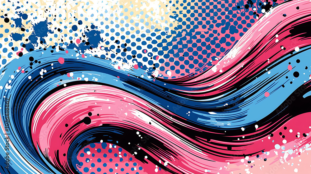Poster abstract colorful background with wavy lines and dots.