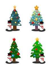 Flat Vector Christmas Tree with Colorful Lights Ornaments and candy with snowman and gift box