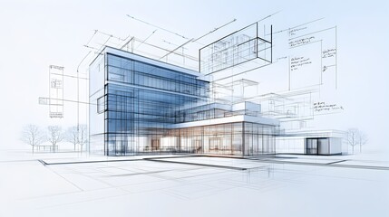 Futuristic architectural blueprint showcasing the design of a cutting edge glass paneled commercial building set against the backdrop of a vibrant urban cityscape  The modern