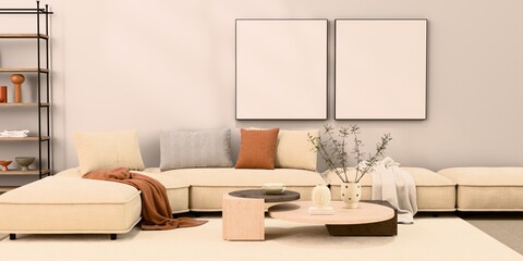 Mockup poster in the living room, the yellow sofa in bohemian style, 3d render, 3d illustration