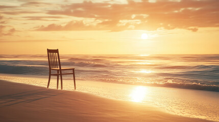 A simple chair on the beach is bathed in the golden light of a setting sun. The ocean stretches out to the horizon, and the soft waves add to the calmness of the picturesque scene.