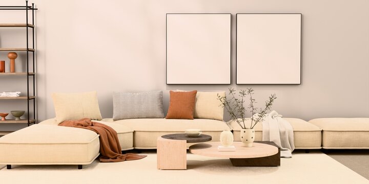 Fototapeta Mockup poster in the living room, the yellow sofa in bohemian style, 3d render, 3d illustration
