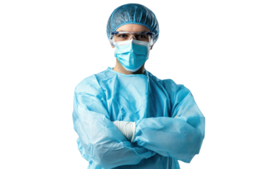 Portrait of a masked surgeon isolated on white background.