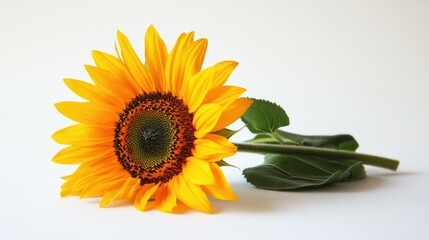 Fototapeta premium A single vibrant sunflower in full bloom, placed on a crisp white background. Bright yellow petals contrast with the simplicity of the setting.