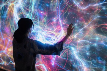 A person interacts with a vibrant digital display, exploring colorful light patterns that blend art and technology, creating an immersive sensory experience.